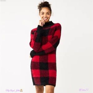 Juniors' SO® Mockneck Sweater Dress Size: Medium Color: Red Black Plaid
